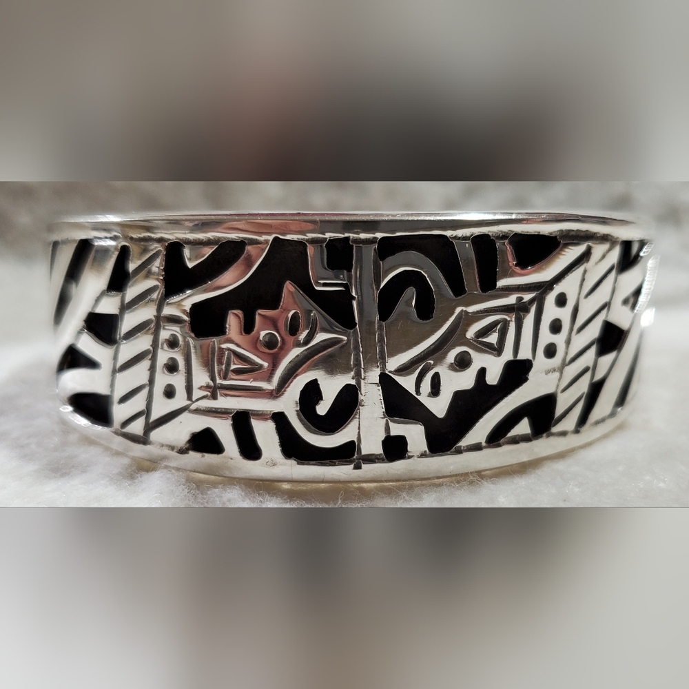 Vintage Taxco Mexico Sterling Silver Aztec Warrior Cuff Bracelet